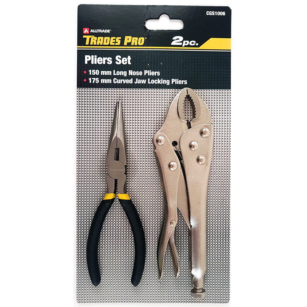 Trades Pro 2pc Pack 150mm/6in Long Nose Plier & 175mm/7in Curved Jaw Locking Plier