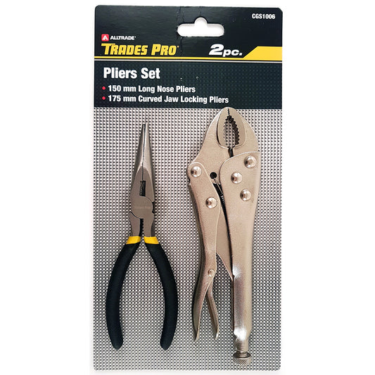 Trades Pro 2pc Pack 150mm/6in Long Nose Plier & 175mm/7in Curved Jaw Locking Plier