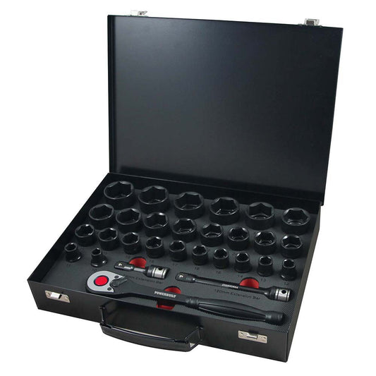 Powerbuilt 1/2in Dr 30pc 6pt Metric Standard Dual Impact Socket Sets