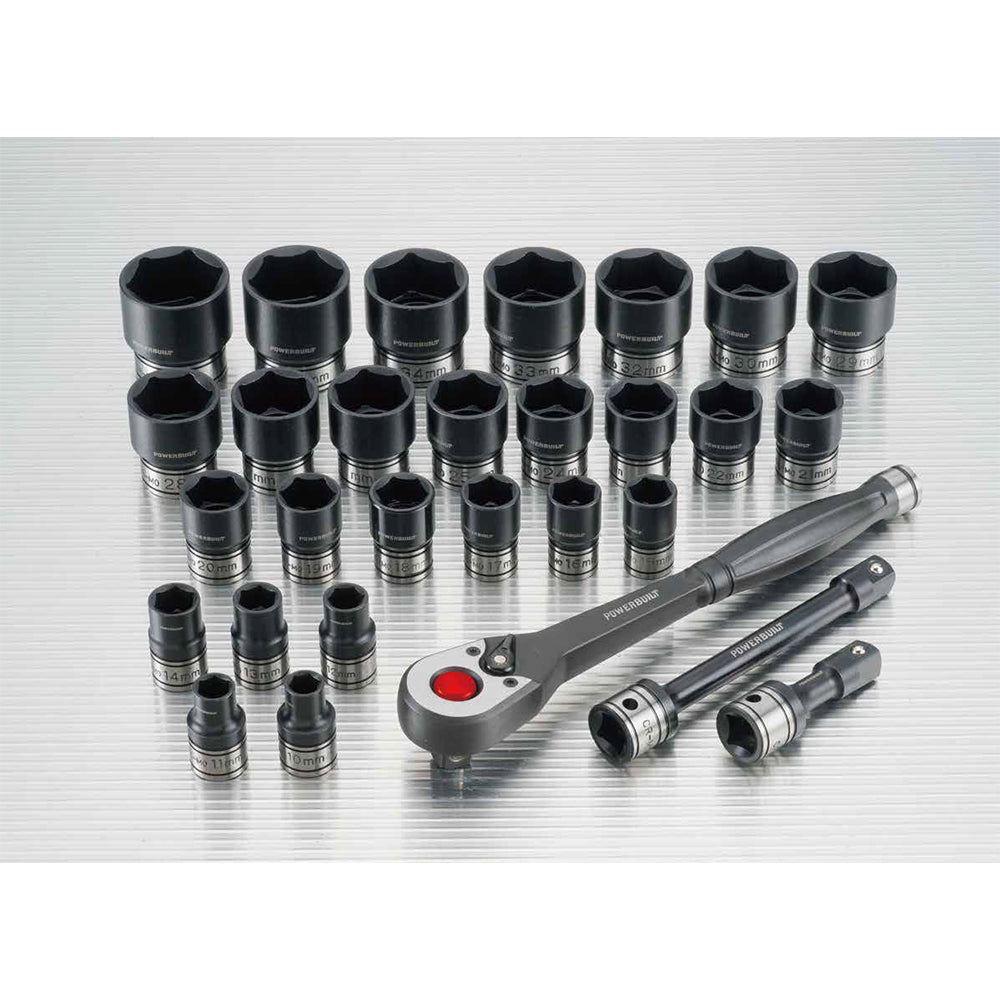 Powerbuilt 1/2in Dr 30pc 6pt Metric Standard Dual Impact Socket Sets