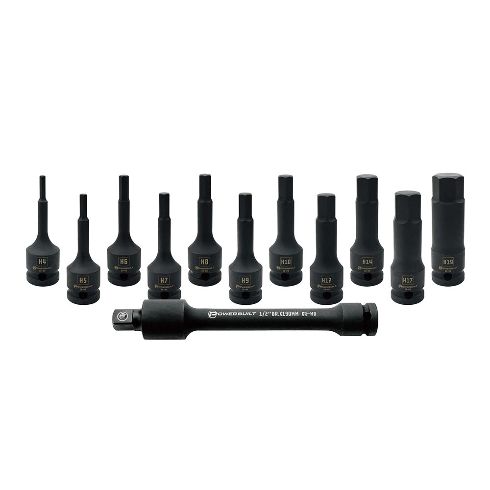Powerbuilt 1/2in Dr 12pc Impact Long Hex Bit Socket Set