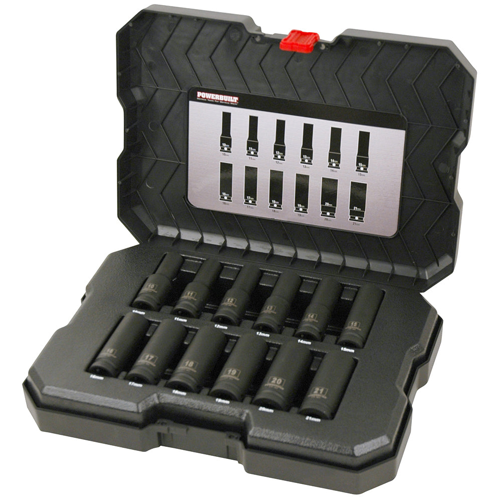 Powerbuilt 1/2in Dr 12pc 6pt Metric Deep Impact Socket Set