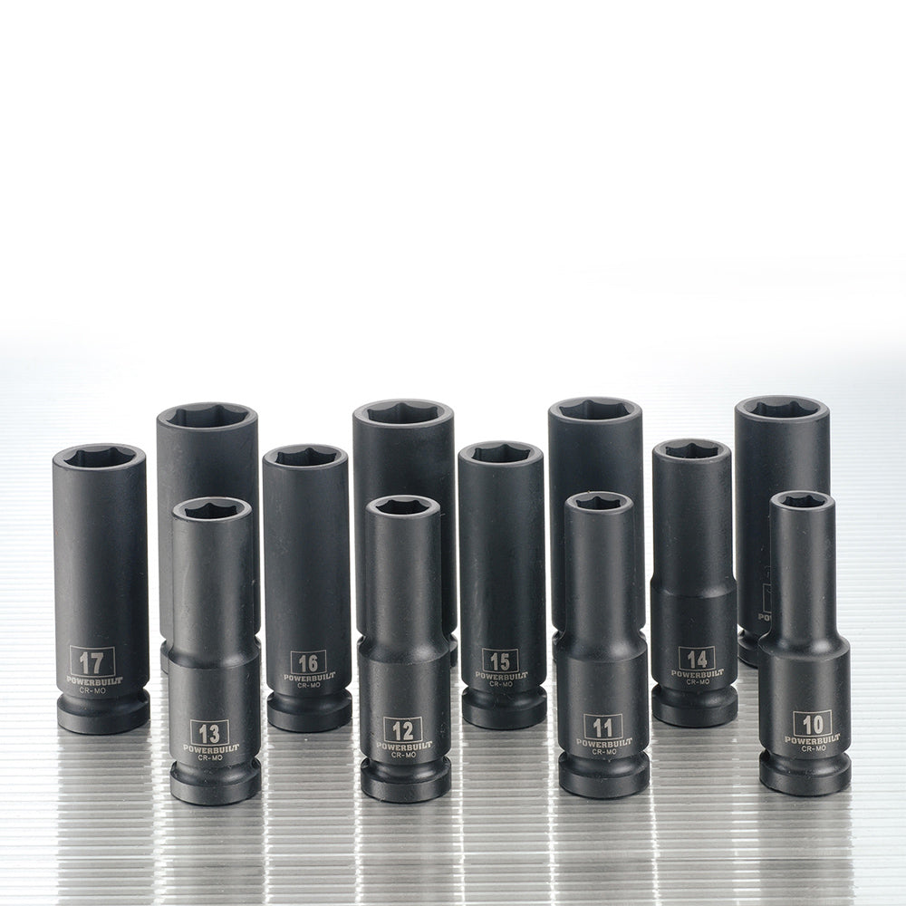 Powerbuilt 1/2in Dr 12pc 6pt Metric Deep Impact Socket Set