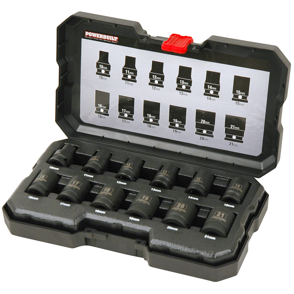 Powerbuilt 1/2in Dr 12pc 6pt Metric Standard Impact Socket Set