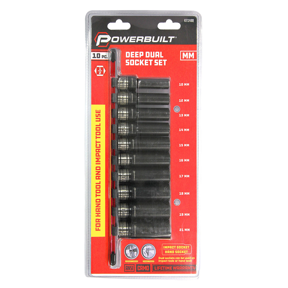 Powerbuilt 1/2in Dr 10pc Metric Deep Dual Impact Socket Set